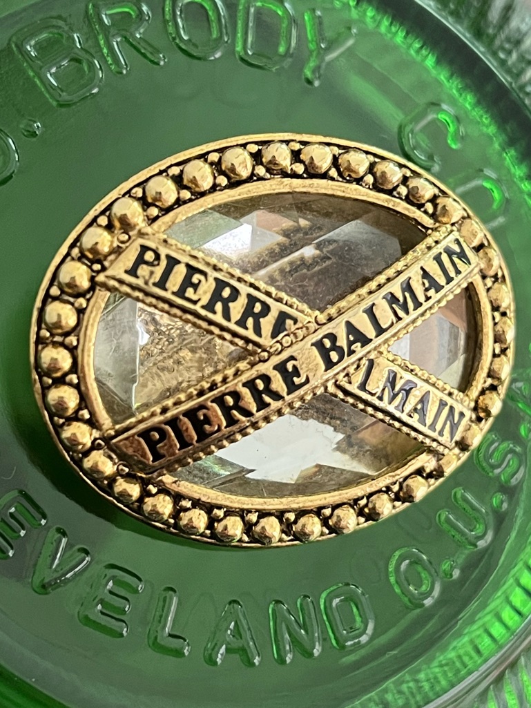 Balmain Gold-Tone Logo Pin With Clear Crystal, Oval Pierre Balmain 1970’s Rare